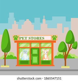 Vector Illustration Of A Pet Store. Illustration Of The Exterior Facade Of The Store Building In The City. Facade Of The Zoo Shop. Vector Illustration In Flat Style