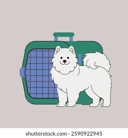 Vector illustration of pet travel. Cute fluffy Samoyed dog standing next to a pet carrier. Minimalist and modern design, perfect for pet transportation services. Vector illustration