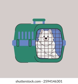 Vector illustration of pet travel. Cute Samoyed dog sitting inside a pet carrier. Modern, minimalist design, ideal for pet transportation, travel, or vet services. Vector illustration