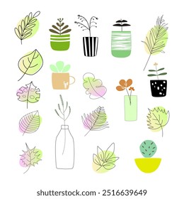 Vector illustration of petals, twigs and vases, as well as flowers in vases in flat design for creating cards, wedding invitations. Postcard with leaves and flowers.Vases and different twigs 