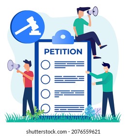 Vector illustration of a petition concept. Sign and distribute petitions for change. Collective public appeal document. Public welfare support.