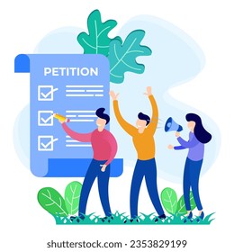 Vector illustration of a petition concept. Sign and distribute petitions for change. Collective public appeal document. Public welfare support.