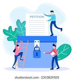 Ilustración vectorial de un concepto de petición. Firmar y distribuir peticiones de cambio. Documento colectivo de apelación pública. Apoyo al bienestar público.