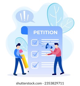 Vector illustration of a petition concept. Sign and distribute petitions for change. Collective public appeal document. Public welfare support.