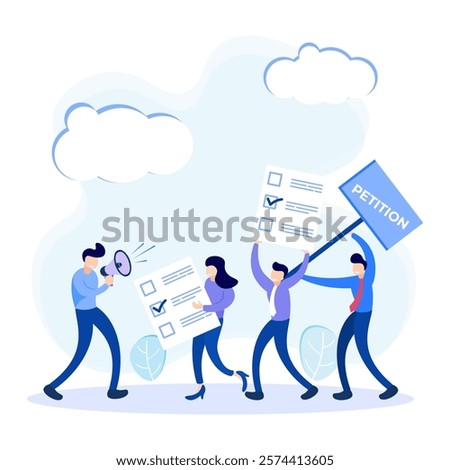 Vector illustration of a petition concept. Sign and distribute petitions for change. Collective public appeal document. Public welfare support.