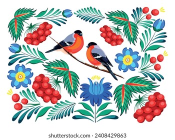 Vector illustration of Petrykivka painting. Petrykivka composition of the winter season with Bullfinch bird sitting on a branch,leaves,viburnum, flowers in a cartoon style. Ukrainian painting.