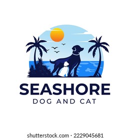 Vector Illustration Pets dog and cat island view background, lake, sun can be used pet shop