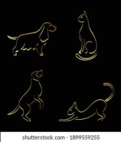 Vector illustration of pets on a black background. Logo of dogs, spaniel, labrador, cats. Golden calligraphy. A simple image with the pen. Golden ribbons. Logos with animals.
