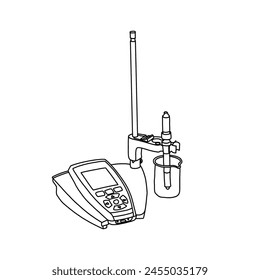 Vector illustration pH meter lab hand drawn sketch laboratory tools line art, isometric view, isolated on white background, For kids coloring book or science illustration.