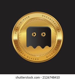 Vector illustration of Phantasma crypto currency blockchain logo isolated on Black background on gold coin. Block chain SOUL logo for web or print. 