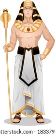 Vector Illustration Of Pharaoh Holding A Serpent Staff. 