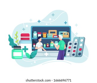 Vector Illustration Pharmacist At Counter In Pharmacy. Pharmacy With Pharmacist In Counter And People Buying Medicine. Store And Doctor Pharmacist And Patient. Vector Illustration In A Flat Style