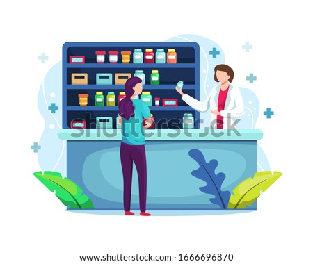Vector illustration Pharmacist at counter in pharmacy. Pharmacy with pharmacist in counter and people buying medicine. Store and Doctor pharmacist and patient. Vector illustration in a flat style