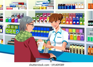 A vector illustration of pharmacist helping an elderly person in the pharmacy