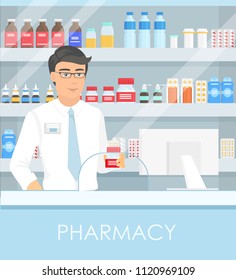 Vector illustration of pharmacist in pharmacy with shelves with medicines and points to box with drug. Medicine concept, health care background. Drugstore in cartoon flat style.