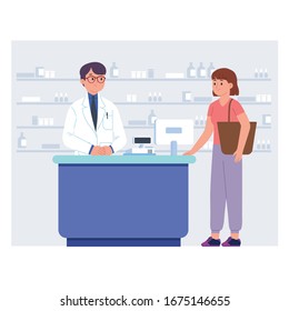 vector illustration of a pharmacist serving prescription and drug purchase from a woman at a drugstore, pharmacist and consumer transactions at a drugstore's cash register