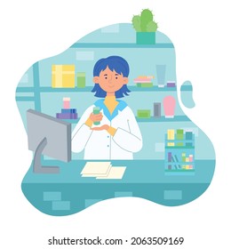 Vector illustration of a pharmacist's girl in a pharmacy with medicines