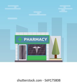 Vector illustration of pharmacy building on the city