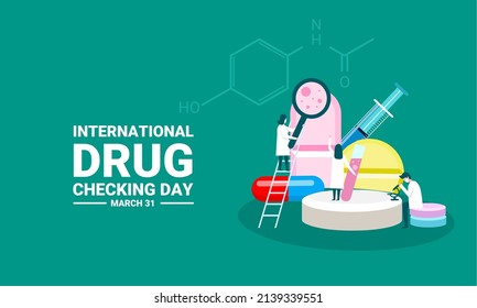 Ilustración vectorial, peritaje de examen de farmacia, píldoras identificadoras. Prueba, verificación y determinación de la calidad de los ingredientes medicinales, concepto para el día internacional de control de drogas.