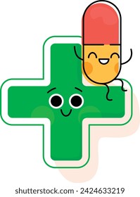 Vector illustration of a pharmacy green cross and a happy capsule  as a cartoon character to inform customer how to get their treatment and heal from their disease with their doctor prescription