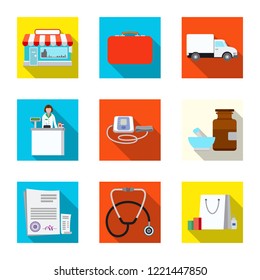 Vector illustration of pharmacy and hospital icon. Set of pharmacy and business stock symbol for web.