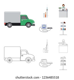 Vector illustration of pharmacy and hospital icon. Set of pharmacy and business stock symbol for web.