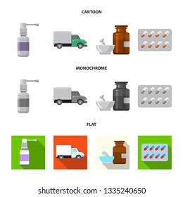 Vector illustration of pharmacy and hospital icon. Set of pharmacy and business vector icon for stock.