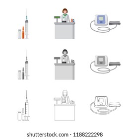 Vector illustration of pharmacy and hospital symbol. Set of pharmacy and business vector icon for stock.