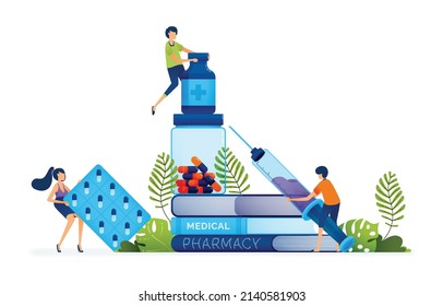 Vector illustration of Pharmacy and medical students study the use and effects of drugs for medical purposes. Can be used to landing page, web, website, poster, mobile apps, brochure, ads, flyer, card