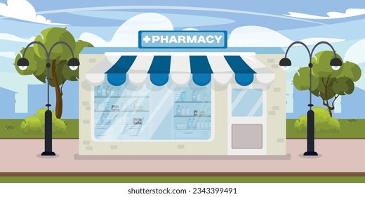 Imagen vectorial de una farmacia sobre el fondo de una gran ciudad al estilo de las caricaturas. Las linternas iluminan la calle alrededor, los árboles crecen detrás. Venta de medicamentos. Medicina, tratamiento de personas.