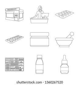 Vector illustration of pharmacy and pharmaceutical icon. Collection of pharmacy and health vector icon for stock.