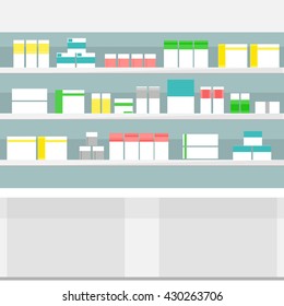 Vector illustration pharmacy shelves with medicine pills bottles liquids and capsules. Various Pills and Drugs For Sale Display on Pharmacy Shelves. 