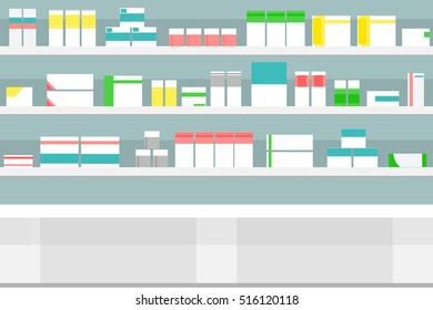 Vector Illustration Pharmacy Shelves With Medicine Pills Bottles Liquids And Capsules. Various Pills And Drugs For Sale Display On Pharmacy Shelves.