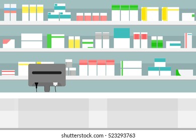 Vector illustration pharmacy shelves with medicine pills bottles liquids and capsules. Various Pills and Drugs For Sale Display on Pharmacy Shelves.