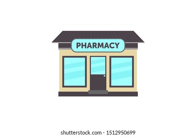 Vector illustration pharmacy shop front facade icon. PHARMACY building exterior.