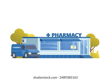 Ilustración vectorial del edificio de la tienda de farmacia, estilo de diseño plano de la tienda de medicamentos