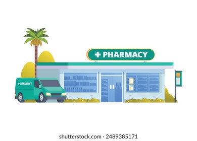 Vector illustration of pharmacy store building, drugs shop flat design style