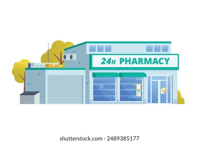 Ilustración vectorial del edificio de la tienda de farmacia, estilo de diseño plano de la tienda de medicamentos