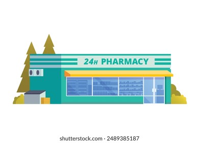 Ilustración vectorial del edificio de la tienda de farmacia, estilo de diseño plano de la tienda de medicamentos