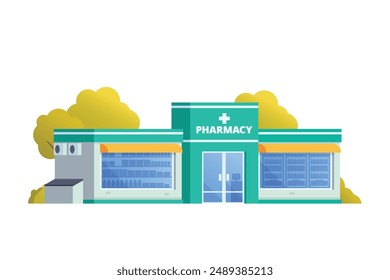 Ilustración vectorial del edificio de la tienda de farmacia, estilo de diseño plano de la tienda de medicamentos