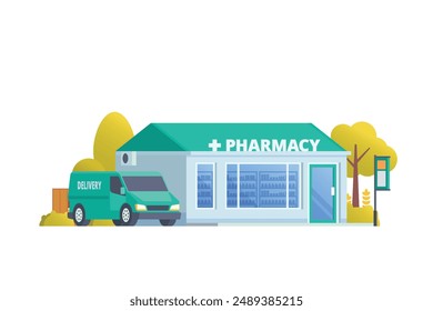 Ilustración vectorial del edificio de la tienda de farmacia, estilo de diseño plano de la tienda de medicamentos