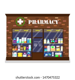 Vector illustration of pharmacy store exterior. Showcase with different bottles, drugs, phials and beauty products. Drugstore front. Flat style.