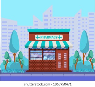 Vector illustration of a pharmacy store. illustration of the exterior facade of the store building in the city. Facade of a drugstore. Vector illustration in flat style
