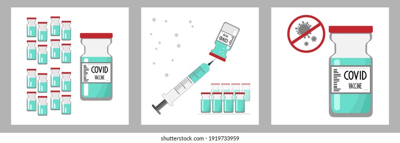 Vector illustration of pharmacy vials with covid 19 vaccine, syringe with vaccine helps to fight and corona virus in crossed out icon. Vaccination promotion poster concept.