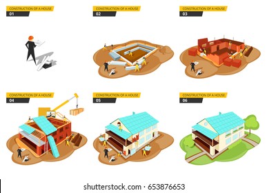  Vector illustration of a phased construction of a house