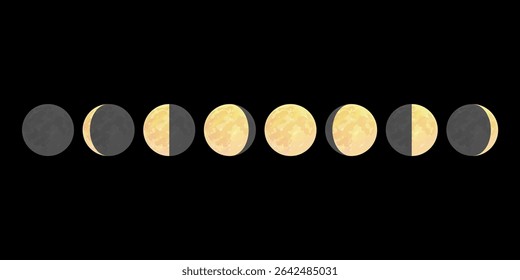 Ilustração vetorial das fases da lua. Ciclo lunar sobre fundo preto.