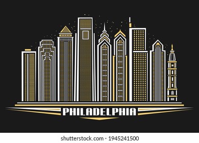 Vector illustration of Philadelphia, horizontal poster with line art design illuminated philadelphia city scape, urban concept with decorative letters for word philadelphia on dark evening background.