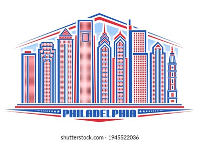 Vektorgrafik von Philadelphia, horizontales Poster mit Umriss-Design philadelphia Stadtbild, urbanes Kunstkonzept mit einzigartiger Schrift für Wort philadelphia und dekorative Sterne in Folge.