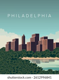 Vector illustration. Philadelphia, Pennsylvania. USA. Poster, banner, postcard, cover. Modern design, skyscrapers. Tourism.