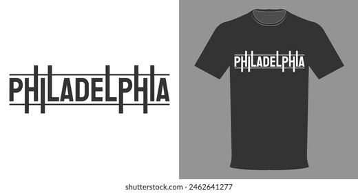 Vector illustration of a PHILADELPHIA T-shirt in a minimalist style. Typographic print varsity college clothing